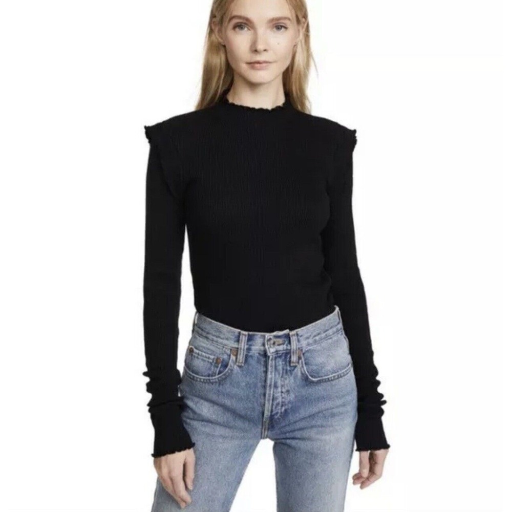 Current/Elliot Black The Ruffle Rib Top Size 0 Small Minimalist Chic Classy
